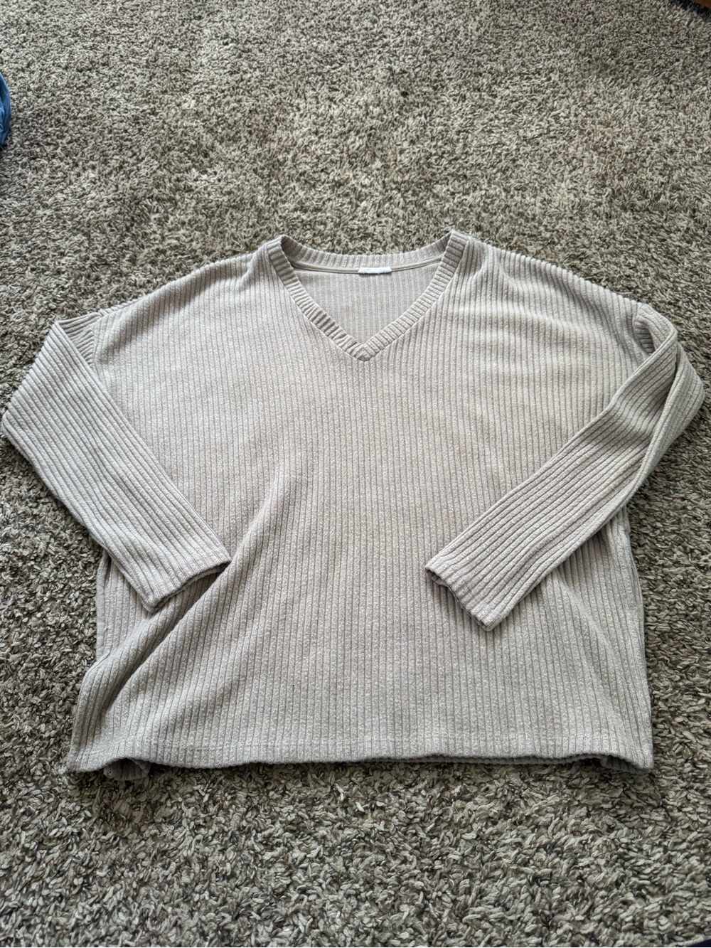 Ardene Women's Ribbed V-Neck Sweater in Light Beige